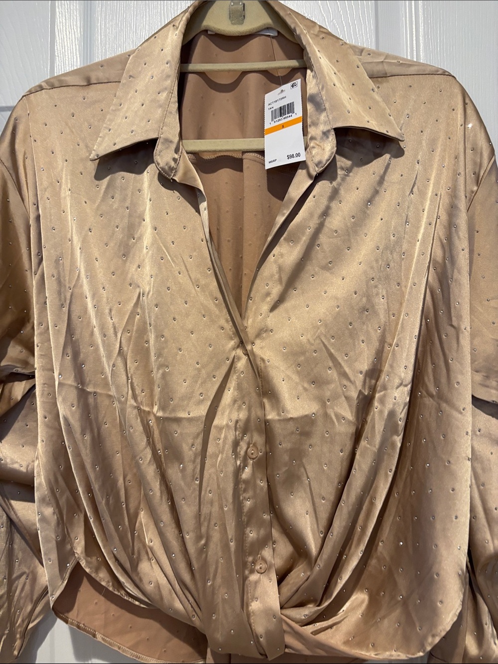 Astr Beige Satin Button Front Top with Subtle Stud Detail